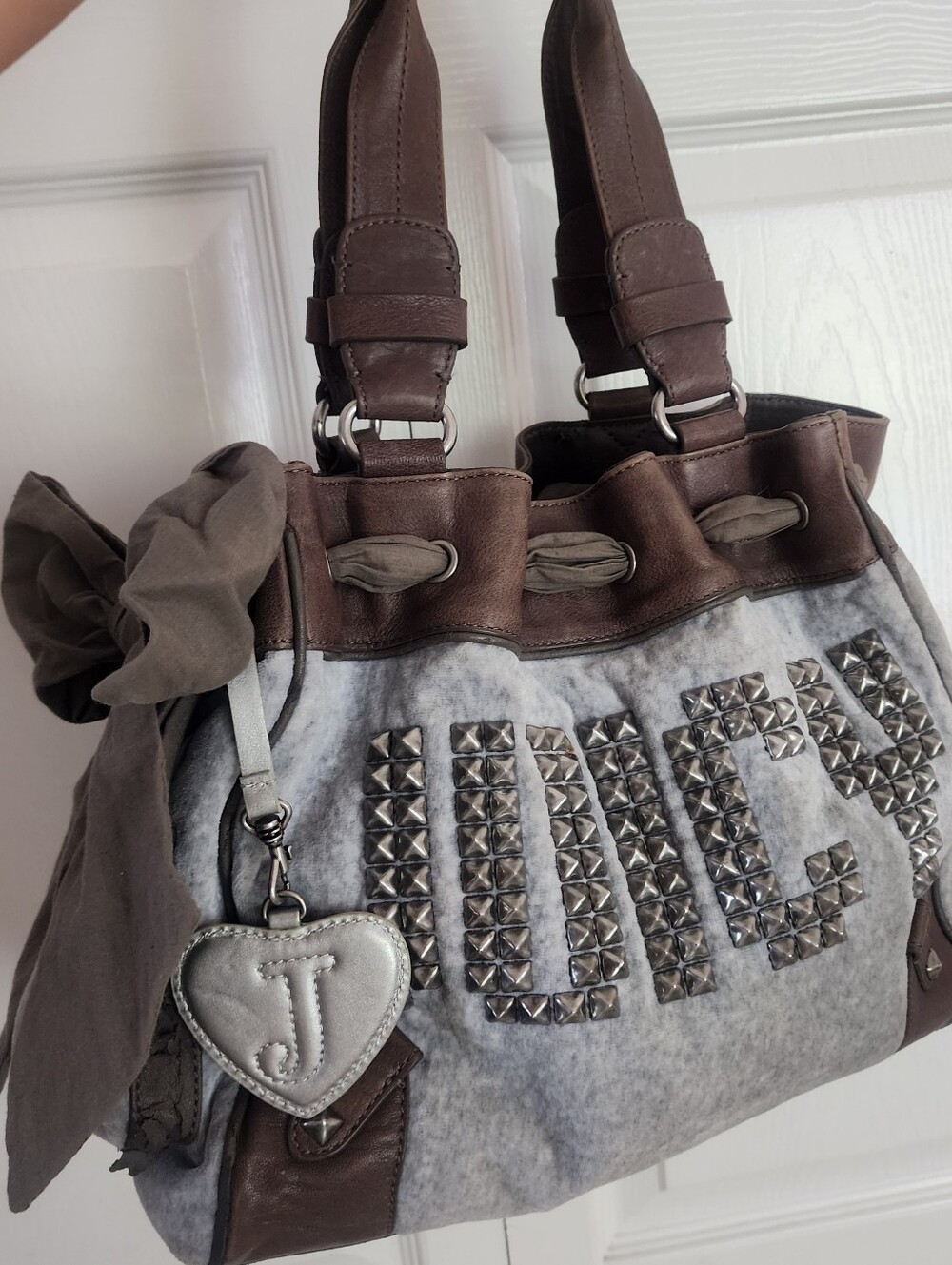 Rare Y2K Juicy Couture Daydreamer Bag Studded Grey & Brown with J Heart Charm
